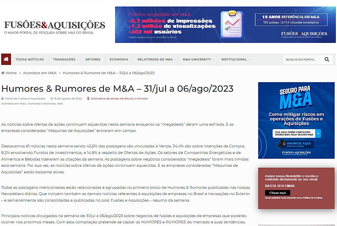 Humores & Rumores de M&A  31/jul a 06/ago/2023